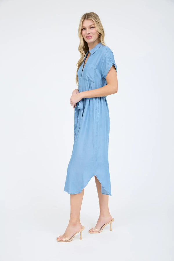 Light blue midi shirt dress, women’s boho chic clothing, shop Daisy style
