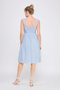 Light blue wash textured woven fitted midi dress from LACE DETAILS collection
