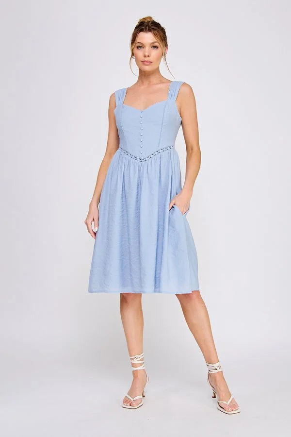 Light blue wash textured woven fitted midi dress with lace details