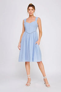 Light blue wash textured woven fitted midi dress with lace details