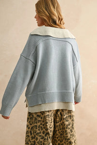 Light blue oversized knit sweater with cream collar and seam details, perfect for color combo v-neck style