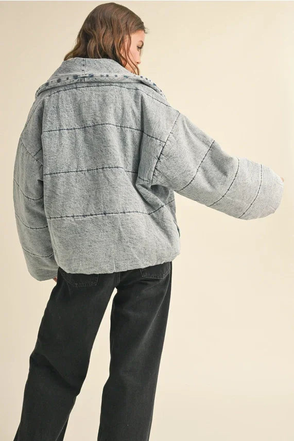 Light blue oversized quilted tie close denim jacket with studded details