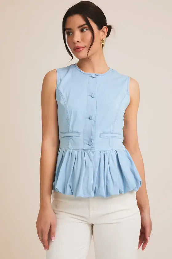Light blue sleeveless bubble hem denim top from BUTTON DOWN BUBBLE HEM DENIM TOP collection