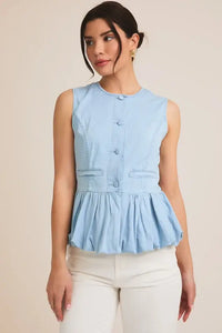 Light blue sleeveless bubble hem denim top from BUTTON DOWN BUBBLE HEM DENIM TOP collection