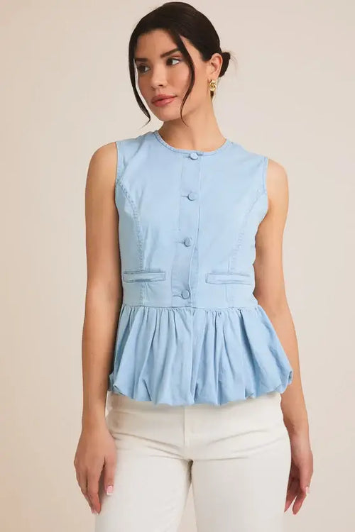 Light blue sleeveless bubble hem denim top from BUTTON DOWN BUBBLE HEM DENIM TOP collection