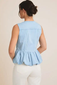 Light blue sleeveless bubble hem denim top from BUTTON DOWN BUBBLE HEM DENIM TOP collection