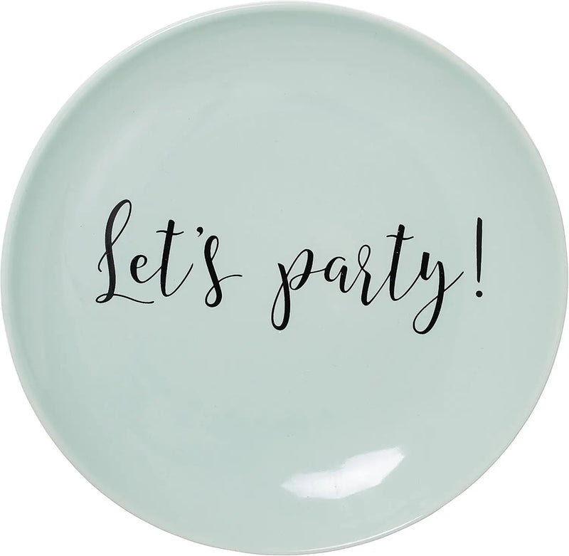Light blue ROUND STONEWARE SUMMER LETS PARTY PLATE featuring festive text for safe gatherings