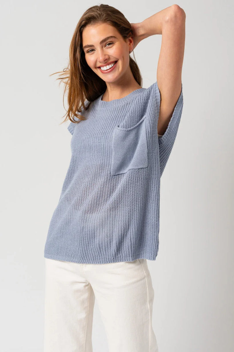 Light blue ribbed t-shirt with pouch pocket from Shop Daisy’s women’s boho chic clothing