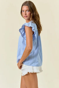 Light blue ruffle-sleeved top from SplIT V-Neck Butterfly Sleeve Blouse, perfect for women’s boho chic clothing at Shop Daisy
