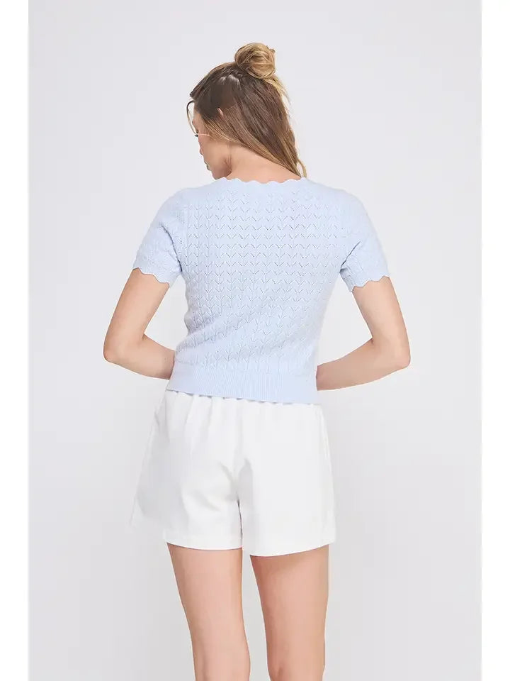 Light blue scallop edges knit top from POINTELLE V-NECK KNIT TOP WITH SCALLOP EDGES for women’s boho chic clothing shop daisy