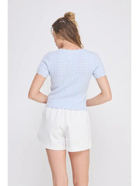 Light blue scallop edges knit top from POINTELLE V-NECK KNIT TOP WITH SCALLOP EDGES for women’s boho chic clothing shop daisy