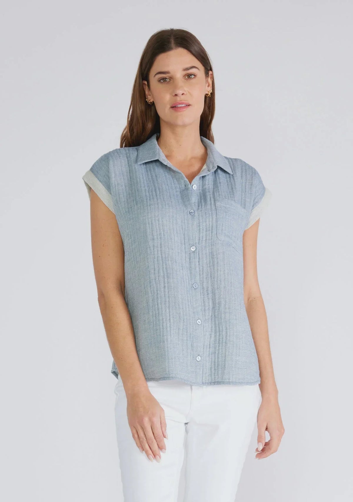 Light blue dolman sleeve button-up top with vertical pinstripes for a boho, flowy look