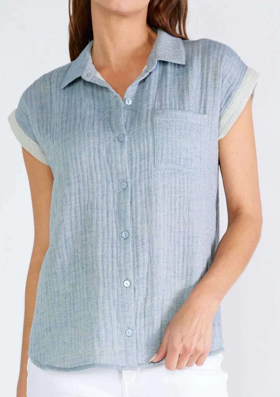 Light blue dolman sleeve button-up shirt with pocket, perfect for a flowy boho look