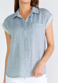 Light blue dolman sleeve button-up shirt with pocket, perfect for a flowy boho look