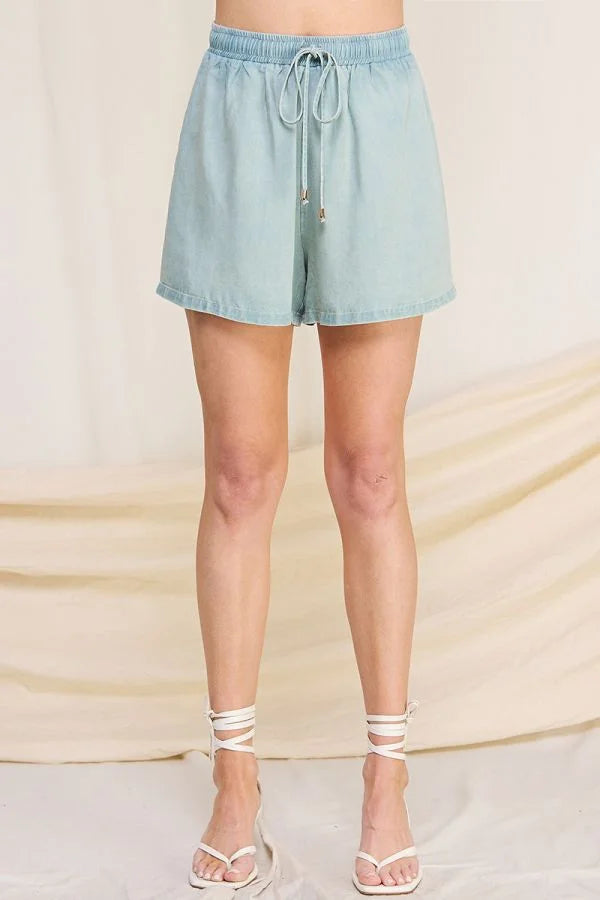 Light blue relaxed fit washed denim high waisted tie shorts for casual summer wear