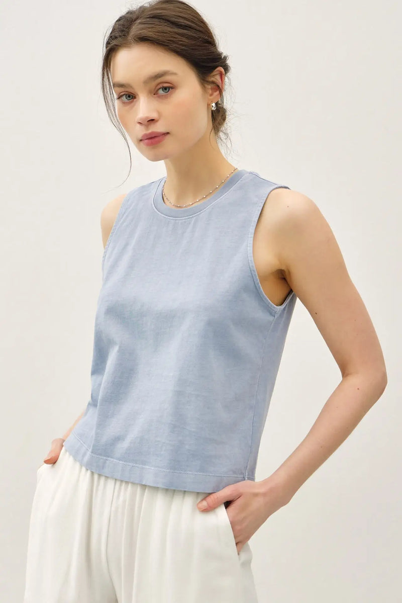 Light blue acid wash boxy cut tank top for a trendy casual style