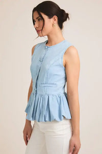 Light blue sleeveless bubble hem top from Button Down Bubble Hem Denim Top collection
