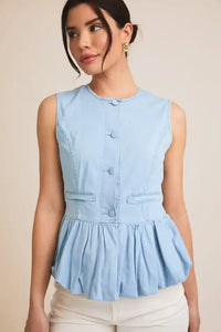 Light blue sleeveless peplum top with bubble hem from Button Down Bubble Hem Denim Top
