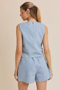 Light blue sleeveless denim stripe top and shorts set ideal for women’s boho chic clothing