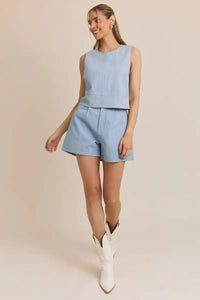 Light blue sleeveless denim stripe top and shorts set from Shop Daisy, perfect for women’s boho chic clothing