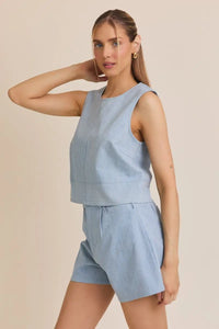 Light blue sleeveless denim stripe top and shorts set from Shop Daisy, women’s boho chic clothing