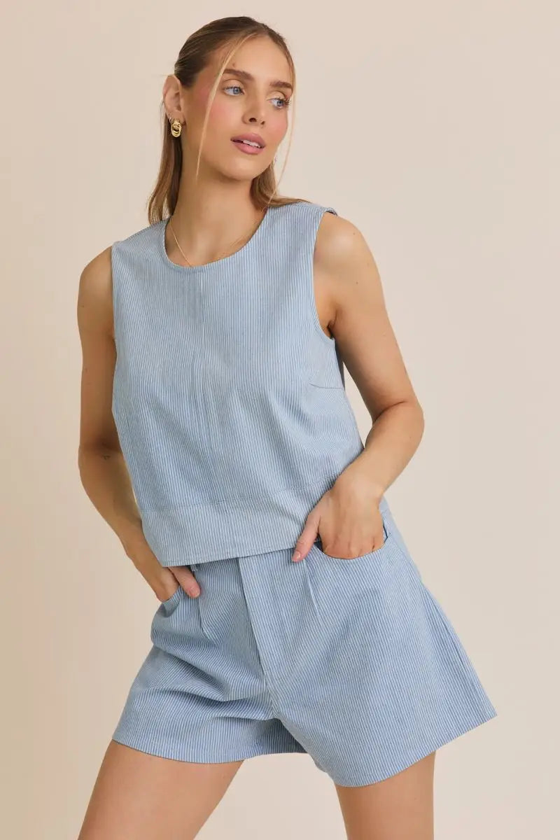 Light blue sleeveless denim stripe top and shorts set for women’s boho chic clothing