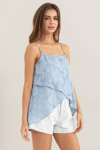 Light blue flowy ORGANZA JACQUARD ASYMMETRICAL CAMI TOP for a boho free spirit style