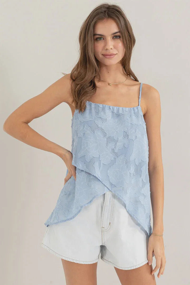 Light blue flowy ORGANZA JACQUARD ASYMMETRICAL CAMI TOP for the boho free spirit