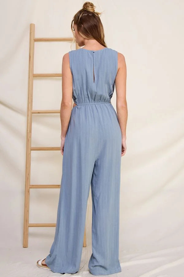 Light blue pinstriped linen sleeveless jumpsuit with wide-leg pants and elastic waist