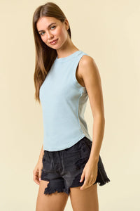 Light blue sleeveless top with exposed seaming from RIBBED ROUND NECK EXPOSED SEAMING TANK, size small, women’s boho chic clothing