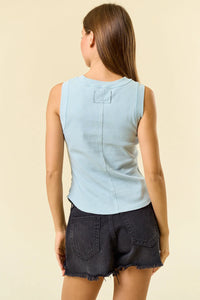 Light blue sleeveless tank with exposed seaming, size small, perfect for women’s boho chic clothing