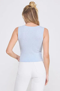 Light blue sleeveless soft ribbed knit top from behind, ideal for women’s boho chic clothing