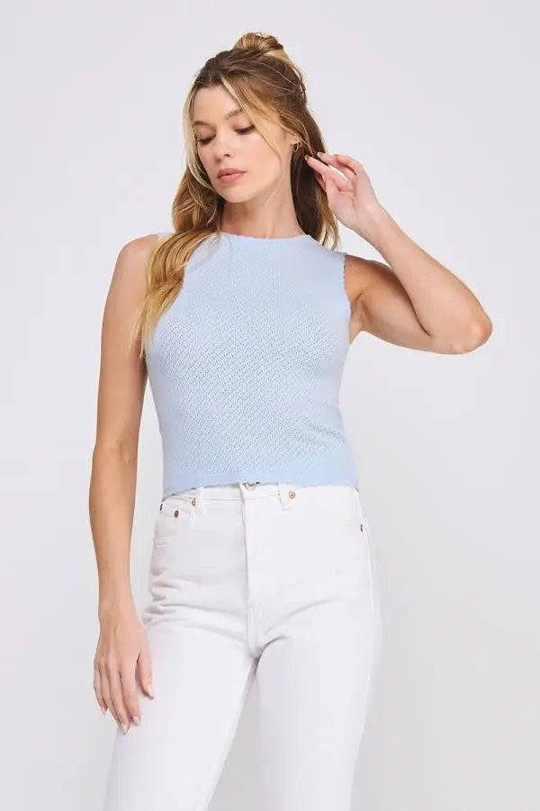 Light blue sleeveless soft scallop edges crop top with white pants for women’s boho chic clothing