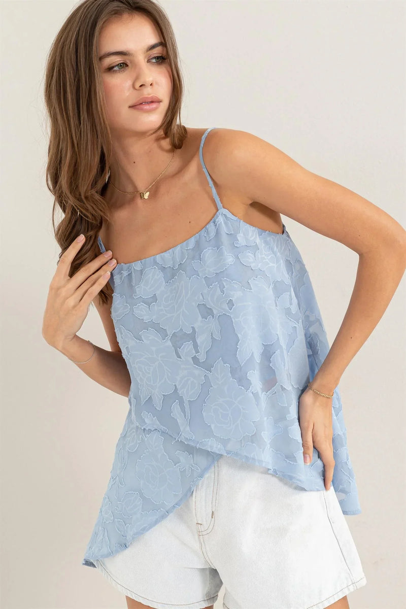 Light blue spaghetti strap ORGANZA JACQUARD ASYMMETRICAL CAMI TOP for a boho free spirit look