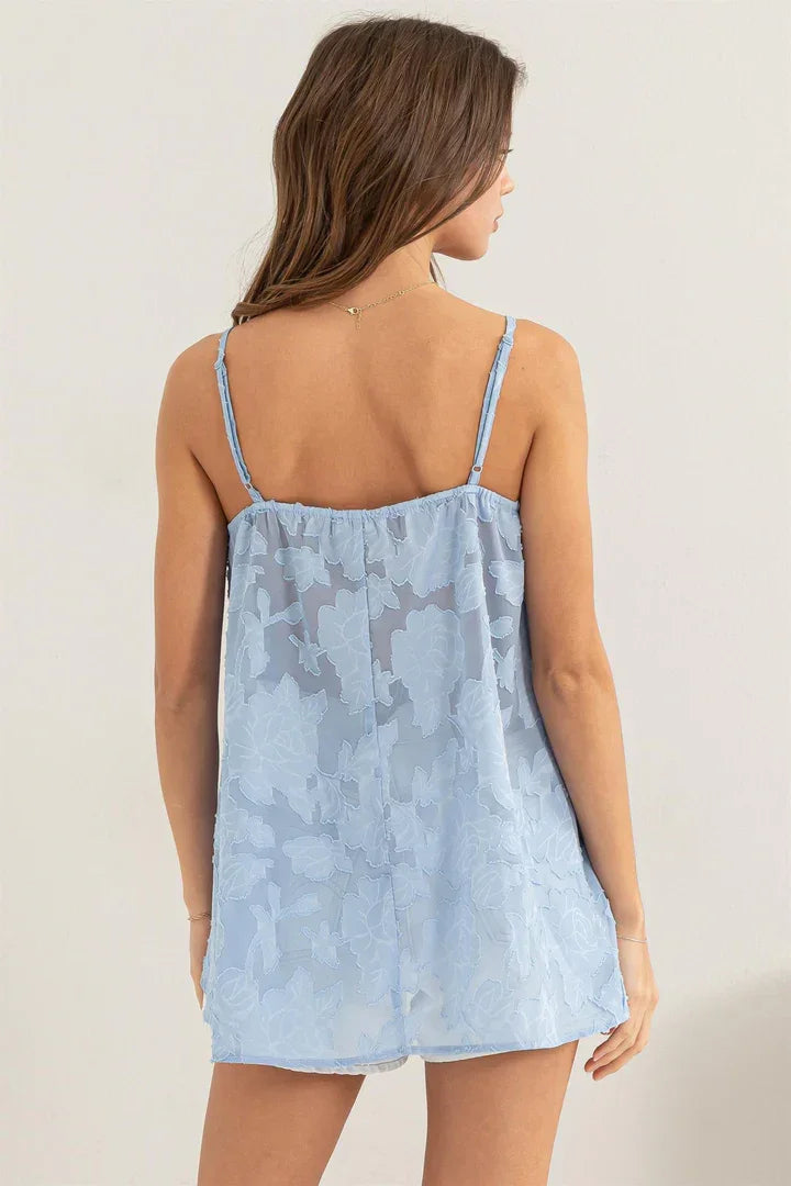 Light blue flowy camisole top with floral pattern for a boho free spirit style