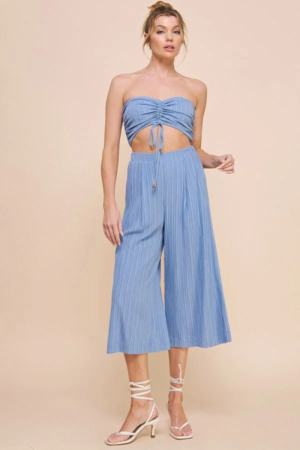 Light blue strapless crop top with bamboo textured cropped flowy pants set