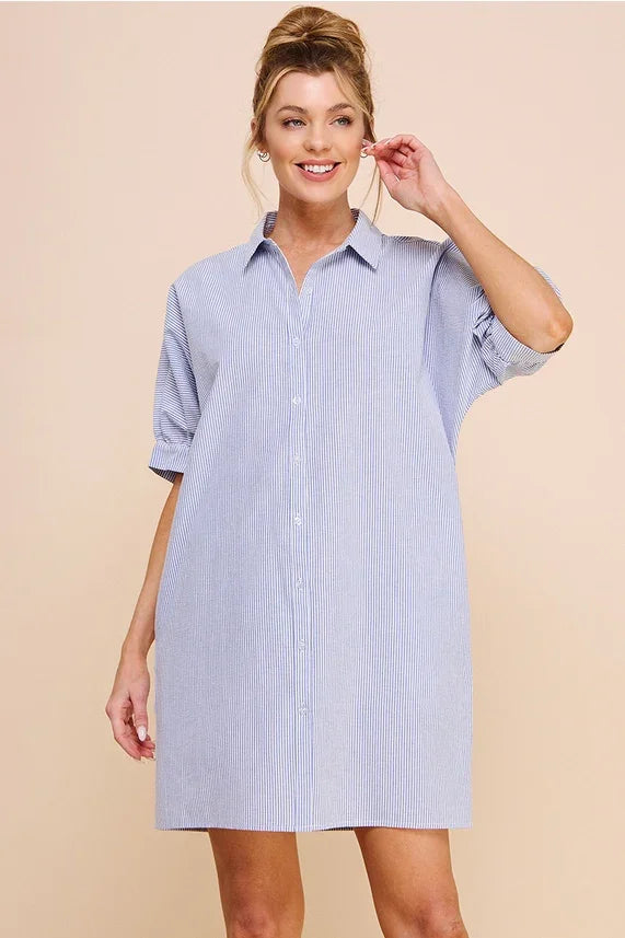 Light blue striped cotton blend shirt dress with short sleeves for a breezy look