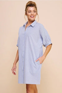 Light blue striped cotton blend breezy shirt dress with puff sleeves and side pockets