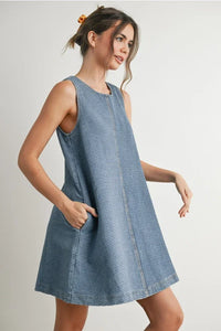 Light blue striped sleeveless denim mini dress with side pockets for stylish summer wear