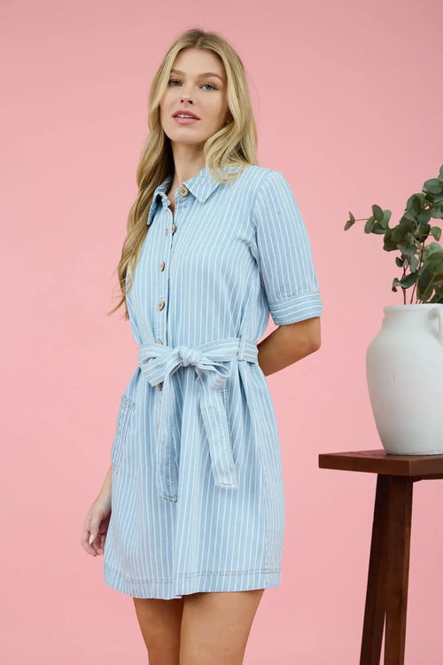 Light blue striped shirt dress with half sleeves, perfect for women’s boho chic clothing