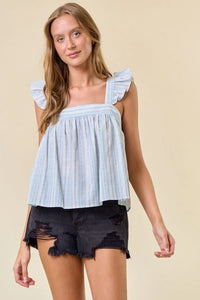 Light blue striped tank top with ruffle cap sleeves, ideal for women’s boho chic clothing
