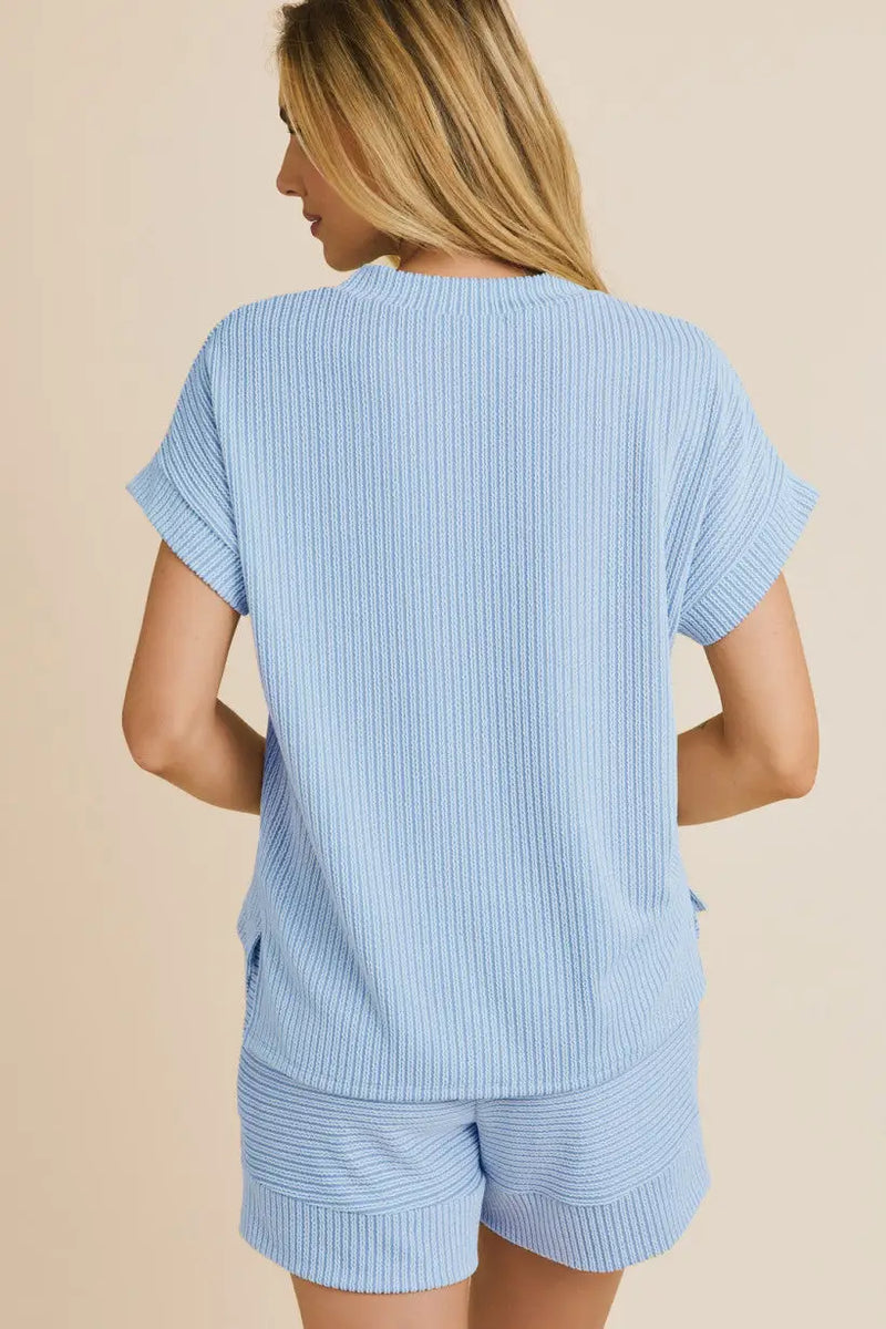 Light blue striped women’s boho chic clothing V neck roll-up short sleeve pajama set