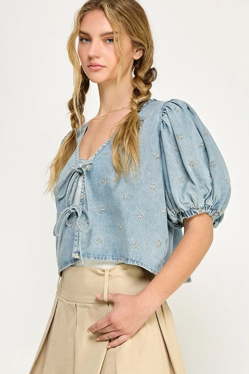 Light blue bubble sleeves ribbon tie denim top with stylish tie-front blouse design