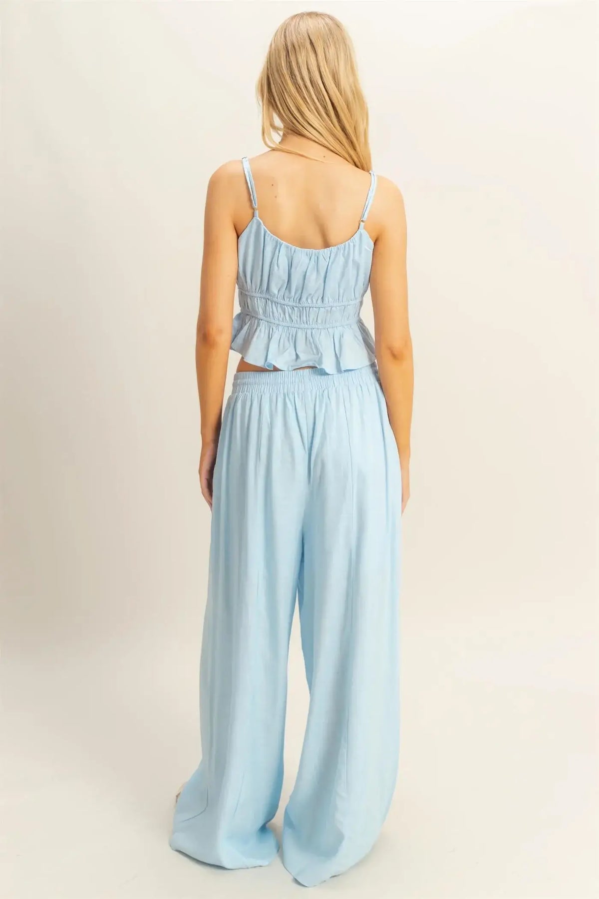 Light blue two-piece outfit featuring LINEN CAMI SLEEVELESS TOP for women’s boho chic clothing