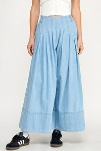 Light blue wide leg denim pants in women’s boho chic clothing style