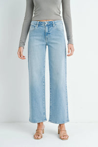 Light blue high-waist slim wide leg jeans in a stylish design for trendy outfits