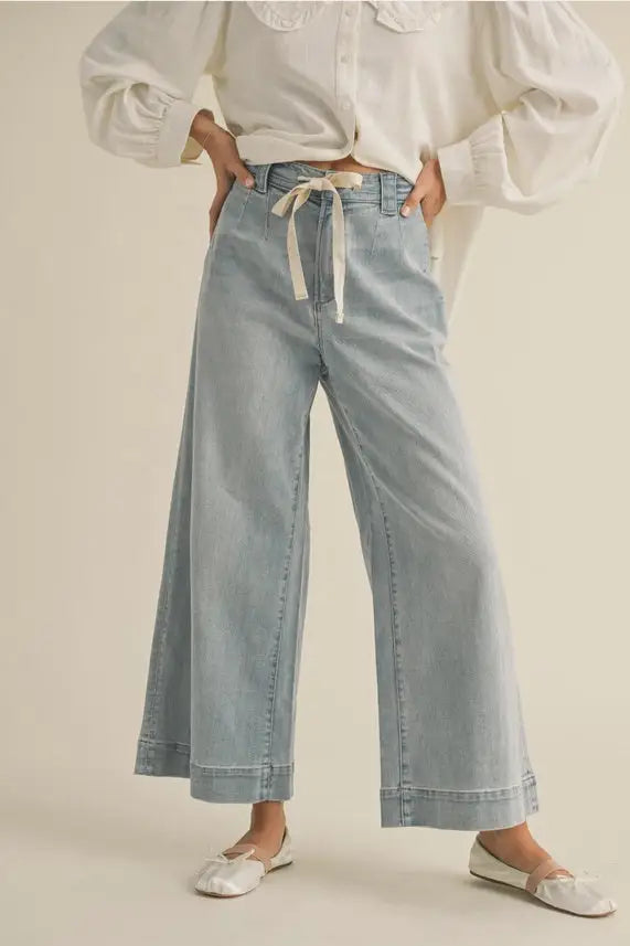 Light blue wide-leg WSHD denim pants from the TIE FRONT WSHD DENIM PANTS collection