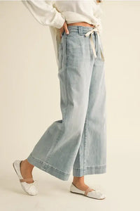 Light blue wide-leg TIE FRONT WSHD DENIM PANTS for a fashionable and comfortable look