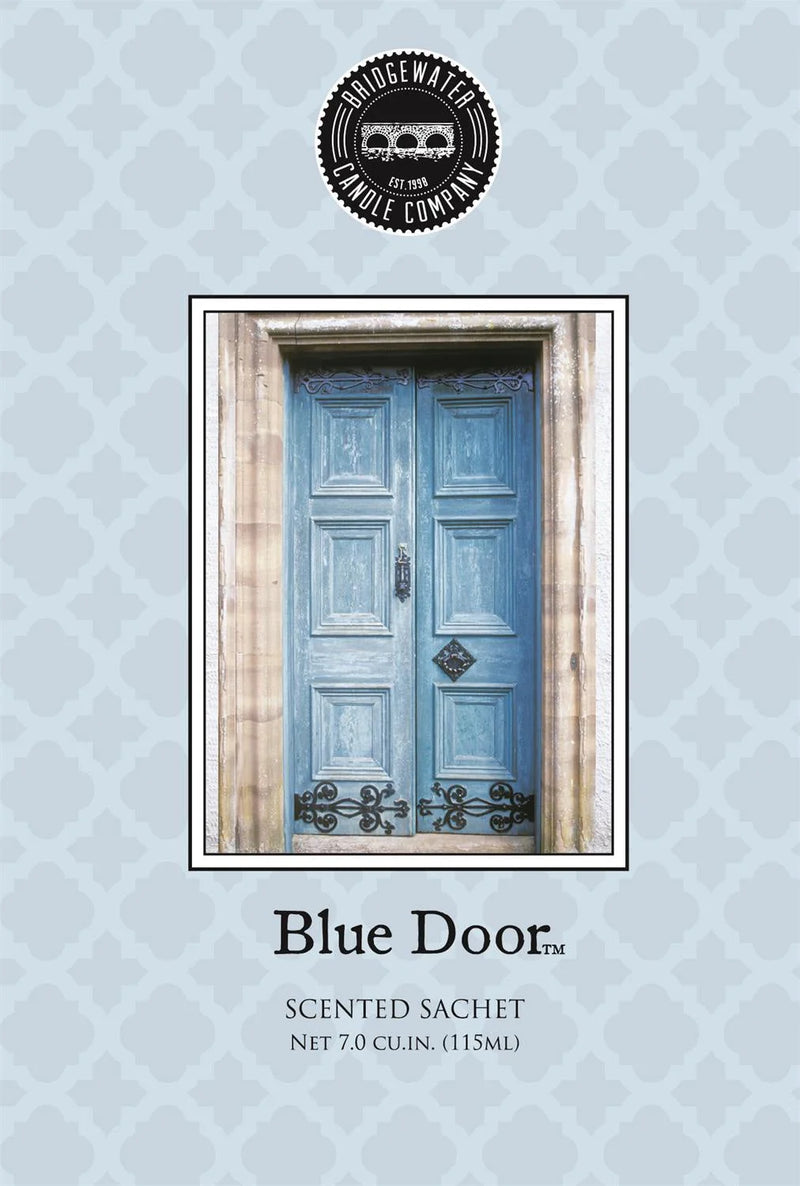 Light blue wooden door with decorative panels and a round doorknob for Shop Daisy