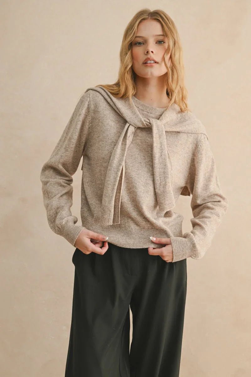 Light brown round neck sweater with matching scarf, stylish shoulder detail design